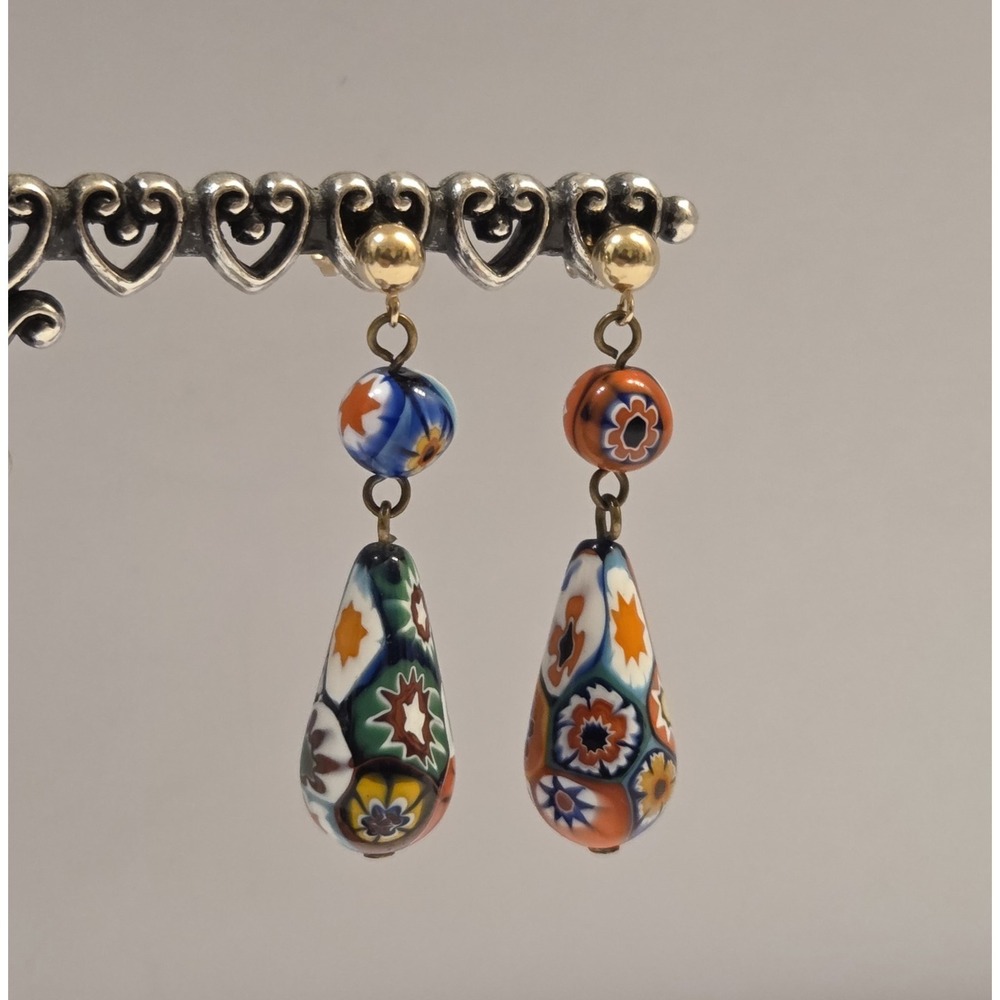 14k Yellow Gold Ball & Murano Glass Millefiori Drop Earrings Italian